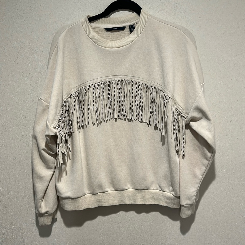 Cream Fringe Rhinestone Crew Neck Sweatshirt